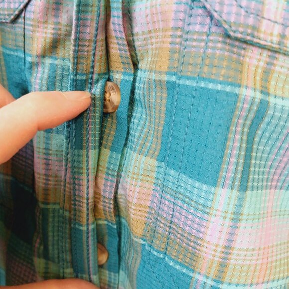 Duluth Trading Co Women's Teal Plaid Short Sleeve Breezeshooter Shirt Size S - Picture 7 of 16